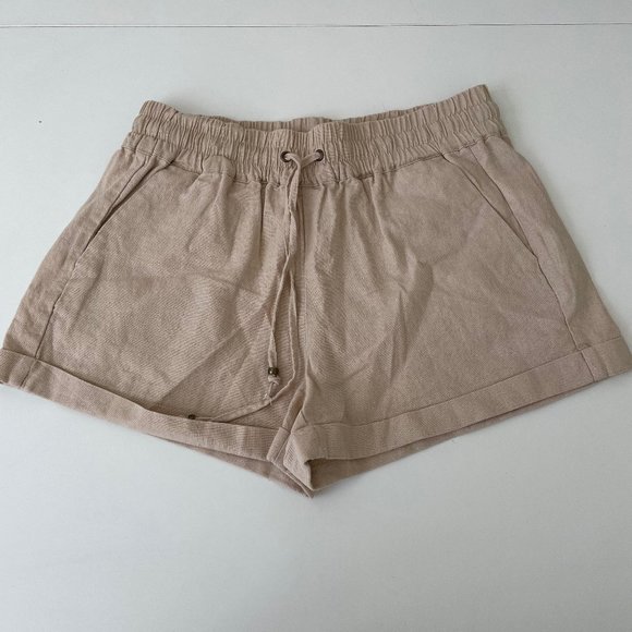 Love Tree Pants - Love Tree Tan Linen Cuffed Elastic Waist Drawstring Shorts Classic Khaki